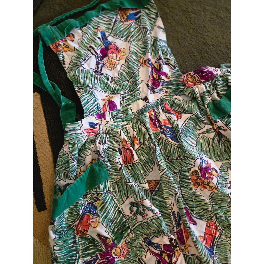 Vintage Novelty Print Apron Tropical Mexican Market Scene Green Cotton Pockets